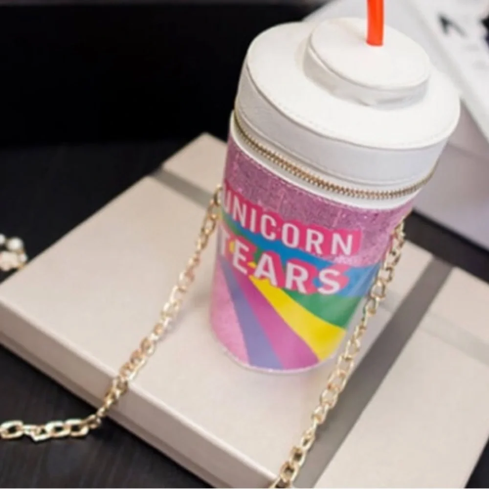 UNICORN TEARS On 🌈 Graphic Cup W/ Gold Chain & Straw Leather Crossbody Bag